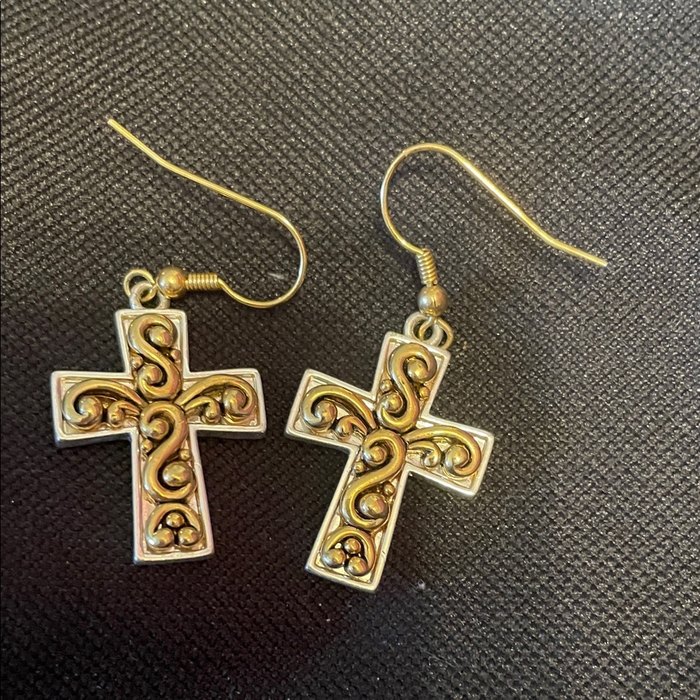 Intricate Gold and Silver Cross Earrings